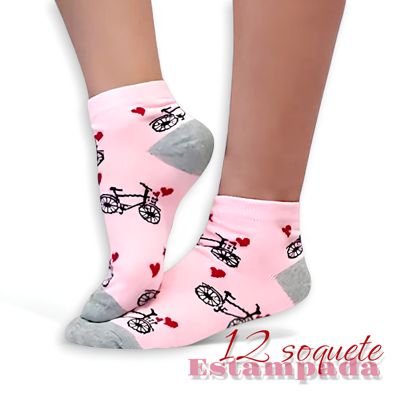 Kit 12 Meias Cano Curto Feminina 35-40 Estampada Meia Básica