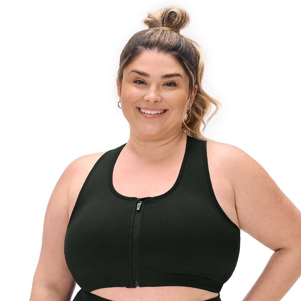 Top Fitness Plus Size com Zíper e Bojo Removível Preto Zee Rucci em Oferta na Shopee