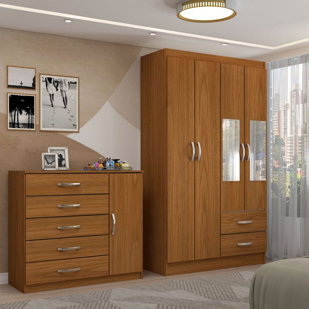 Guarda-Roupa Solteiro Noah 4 Portas 2 Gavetas com Cômoda 1 Porta 5 Gavetas em Oferta na Shopee