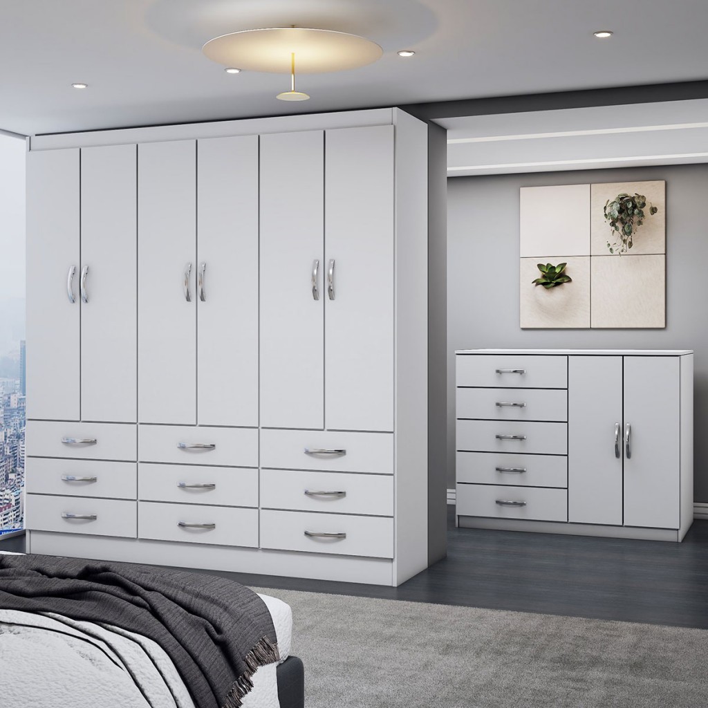 Guarda-Roupa Casal Chloe 6 Portas 9 Gavetas com Cômoda 2 Portas 5 Gavetas em Oferta na Shopee