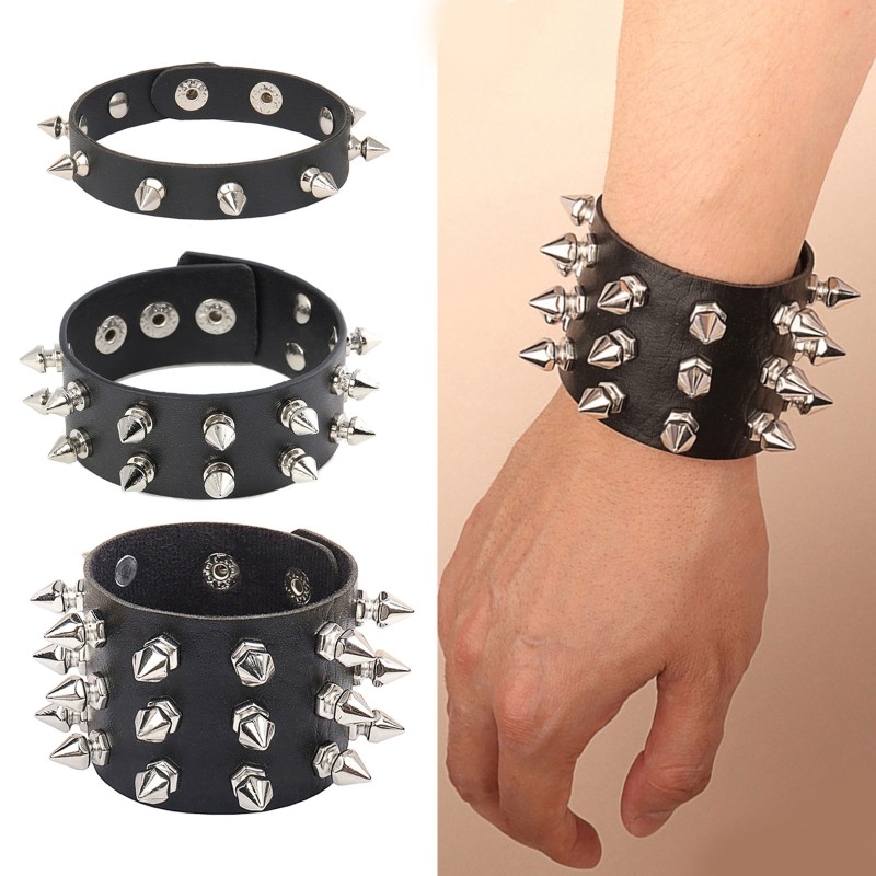 Pulseiras Cravejadas De Couro PU Para Homens Punk Spike Rebites Manguito Pulseira De Metal Joias Ajustáveis