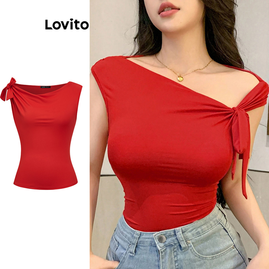Lovito Camiseta casual lisa com nó franzido para mulheres L106AD380 - Women Clothes