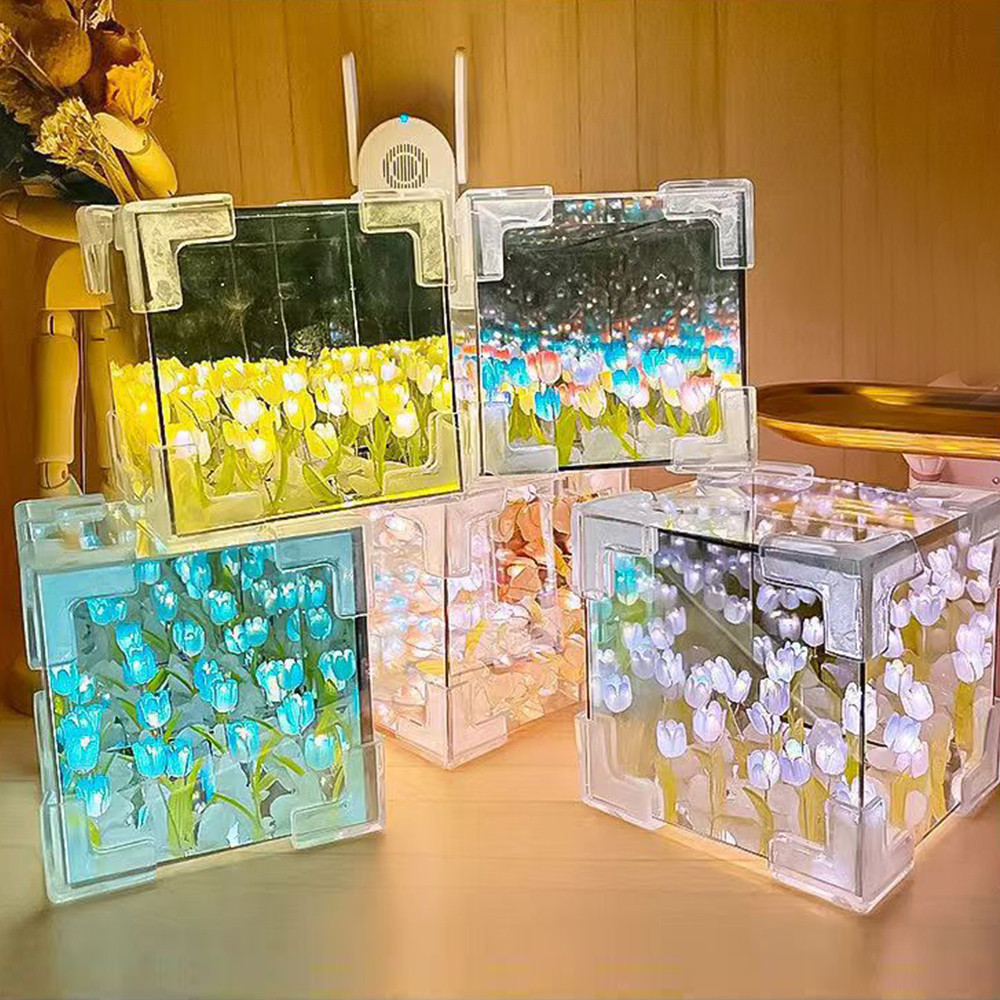 Criativo Luz de Tulipa Flor Cubo 3D Lâmpada Noturna Pacote De Material Para Namorada Casal...