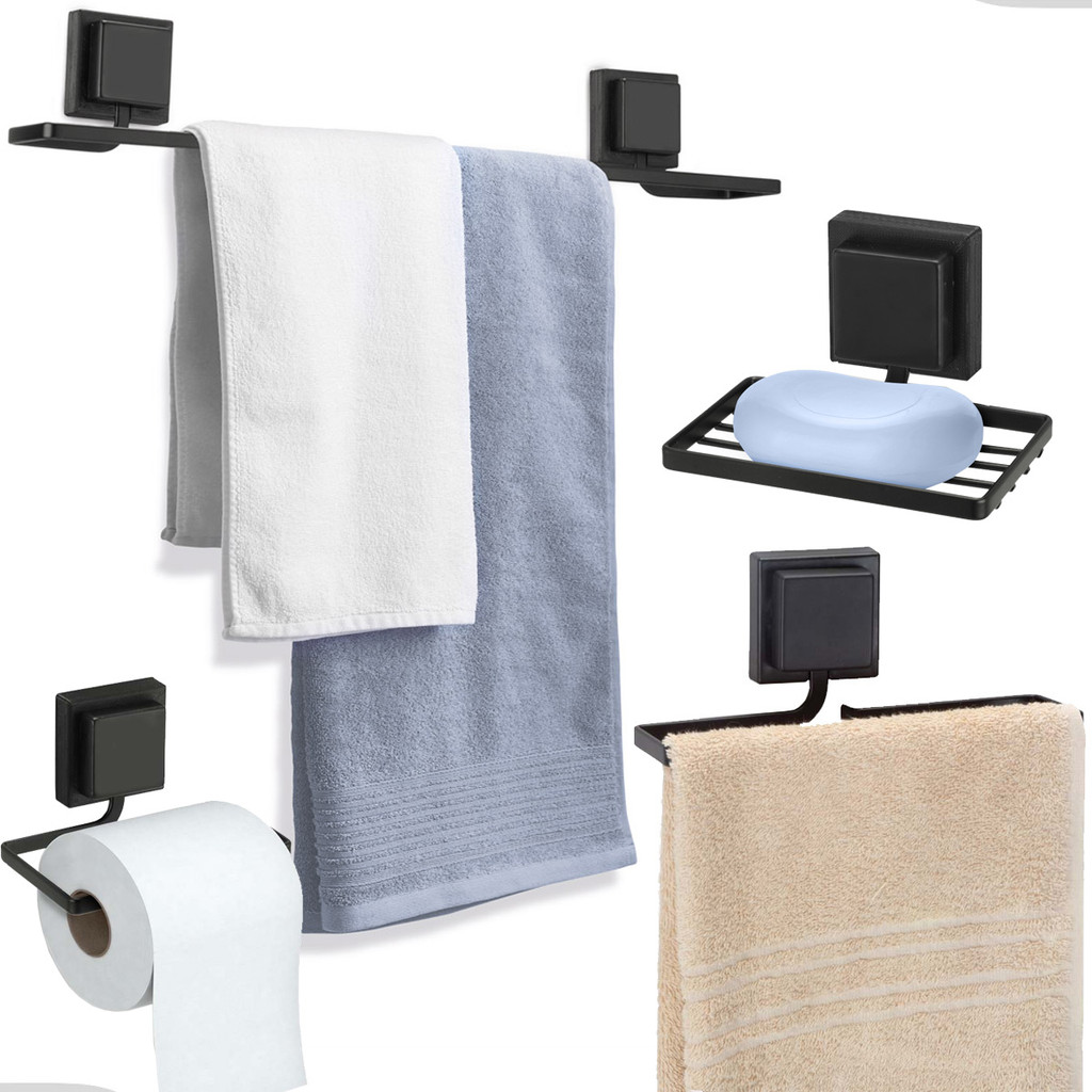 Kit Acessórios Banheiro Porta Toalha Rosto Banho Saboneteira Papeleira Dupla Face 3M Preto Arthi em Oferta na Shopee