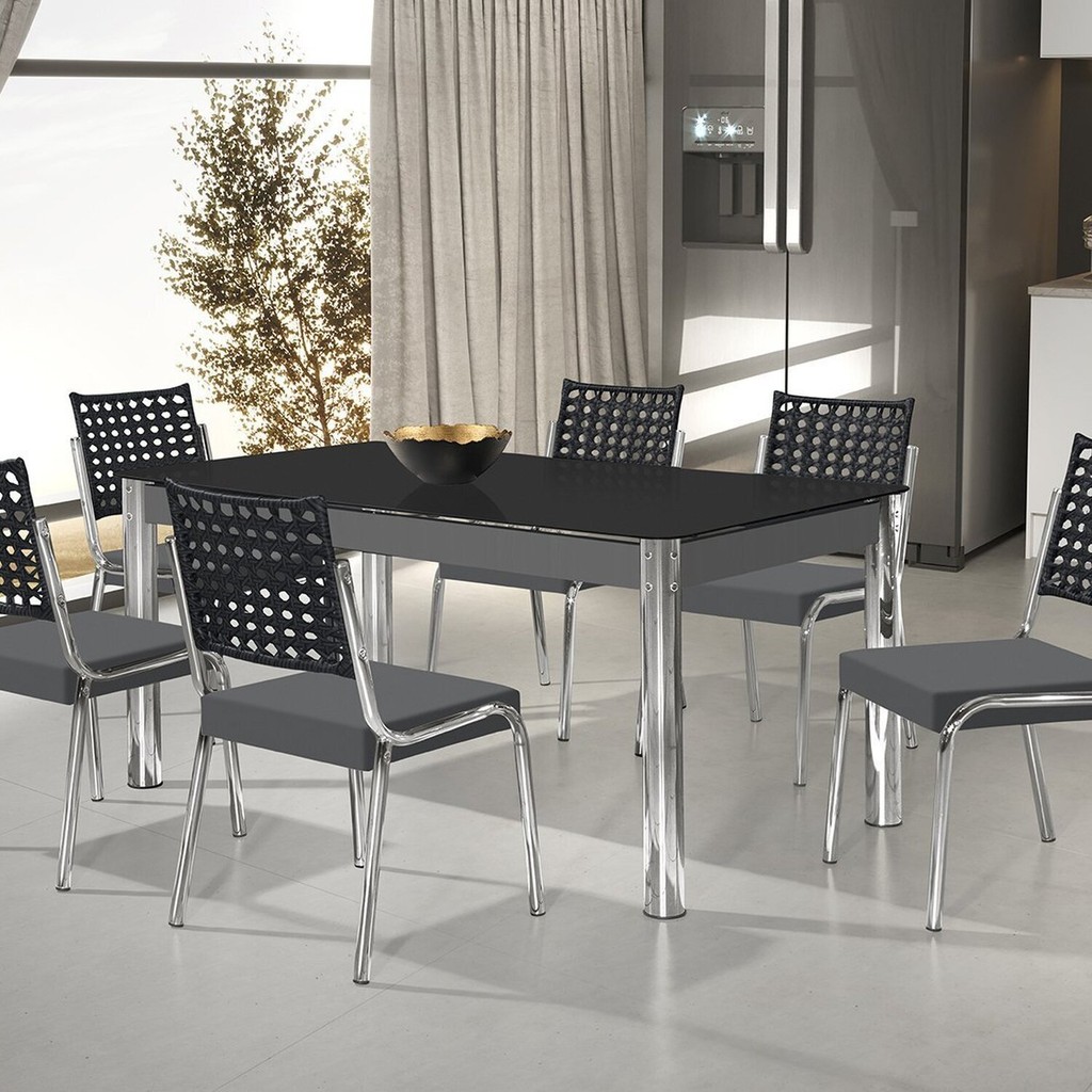Conjunto Sala de Jantar Mesa Retangular com 6 Cadeiras Natani Yescasa Cromado/Cinza Cromado/Cinza