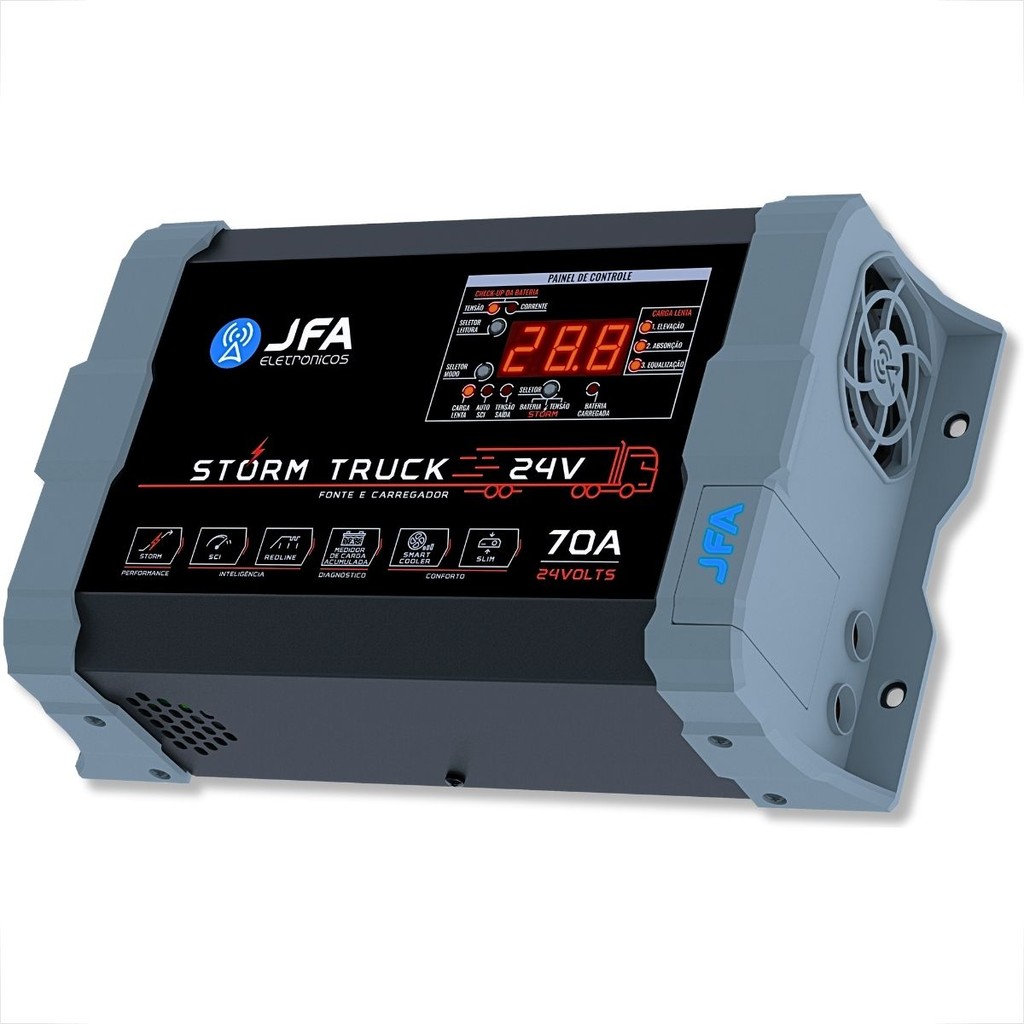 FONTE CARREGADOR 24V VOLTS BATERIA 70A BIVOLT STORM TRUCK AUTOMOTIVA PARA CAMINHÕES
