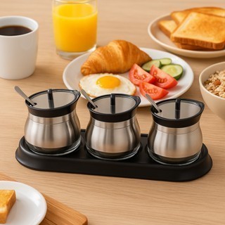 Conjunto 3 Unidades Vasilha Condimentos Vidro Recipiente Inox Suporte Colher Pote Conserva Tempero