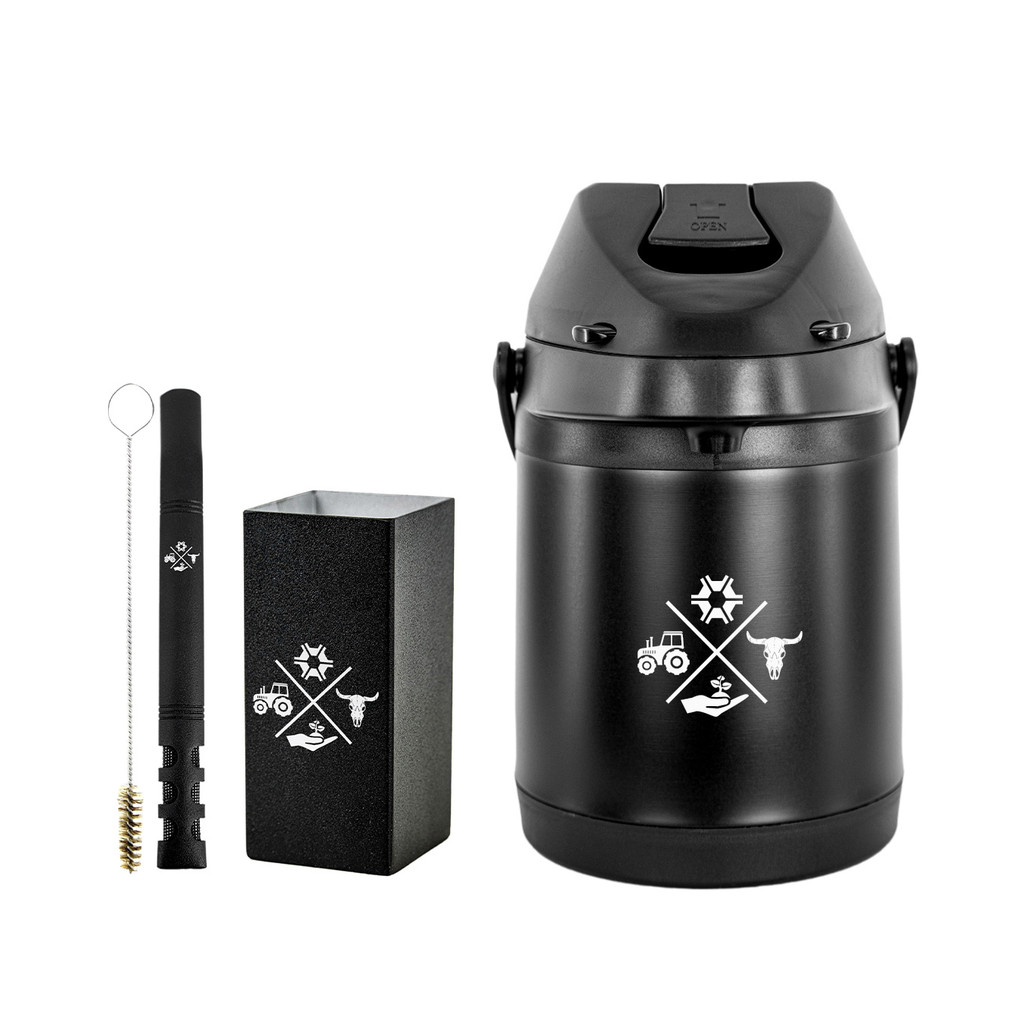 Kit Tereré Garrafa Térmica Preta 2.5l Bomba V6 Telinha Preta Copo Quadrado Inox Preto
