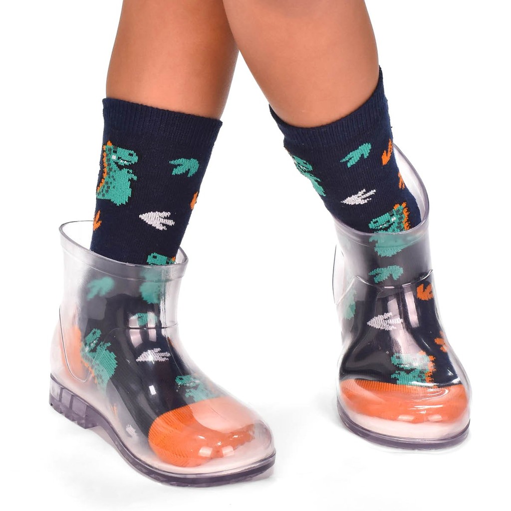 Galocha Infantil Transparente Menino Kit Bota Com Meia Dinossauro