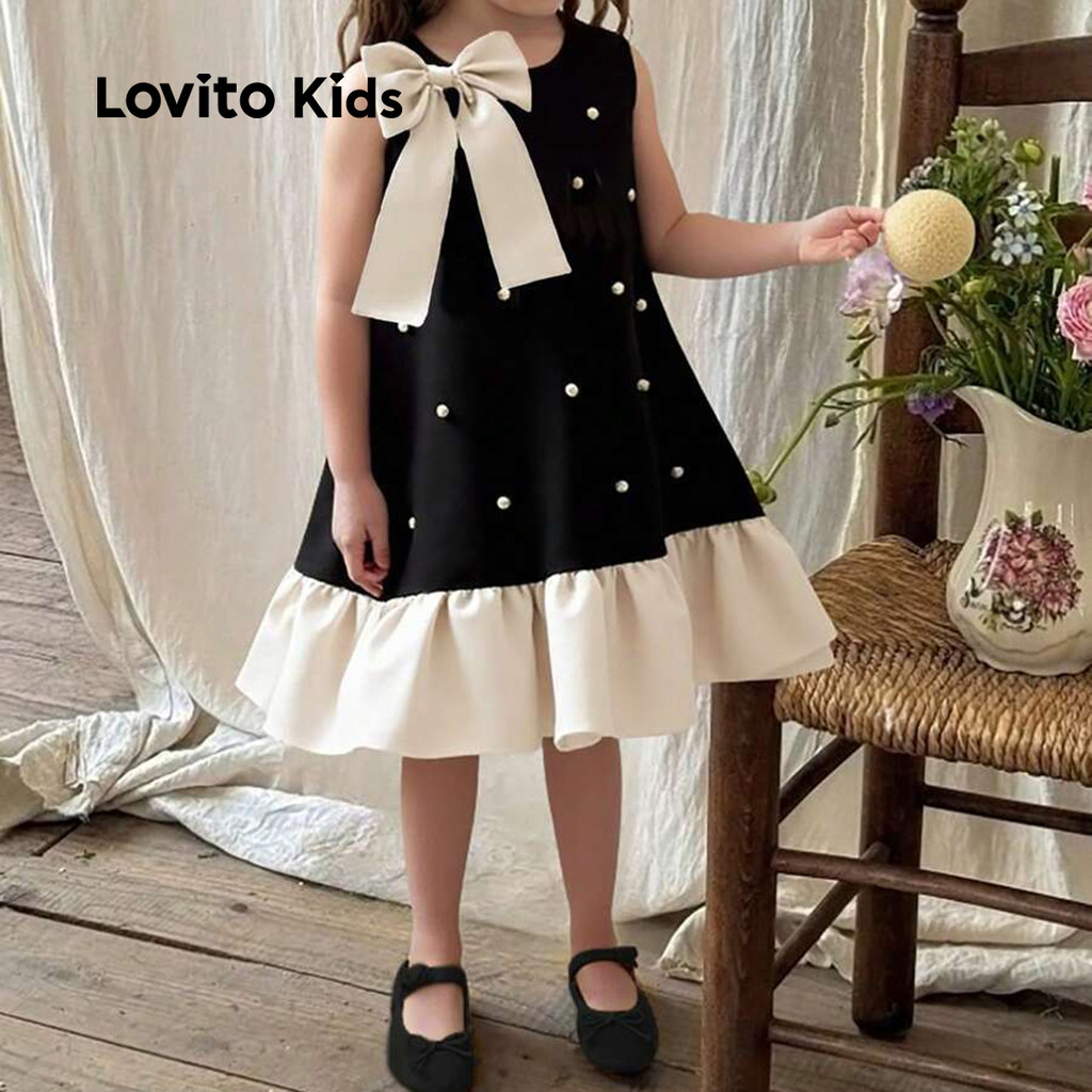 Lovito Vestido Infantil Fofo Com Babados E Bainha Para Todas As Estações Vestido Preto E Branco Para Menina LNL106031 - Baby & Kids Fashion