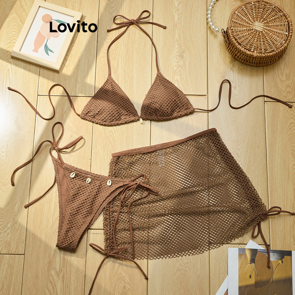 (Trendy) Lovito Conjuntos De Biquíni Boho Conjuntos De Biquíni De Malha De Contraste Liso Para Mulheres LBL18863 - Sports & Outdoors