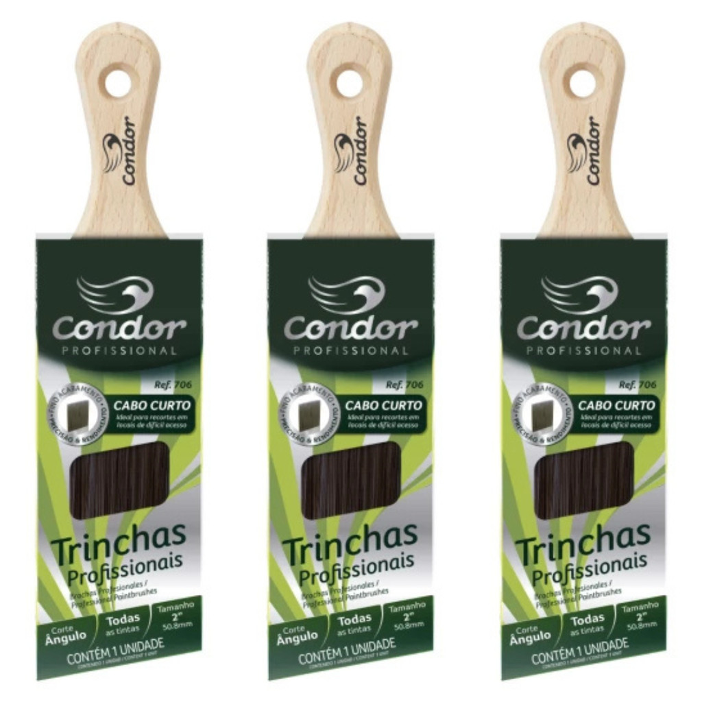 Kit 3 Pincel Angular 2'' Trincha Recorte Cabo Curto 706 Condor