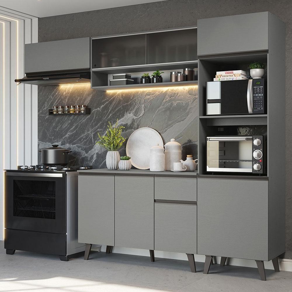 Armário De Cozinha Completa 260cm Cinza Nice 04 Cinza