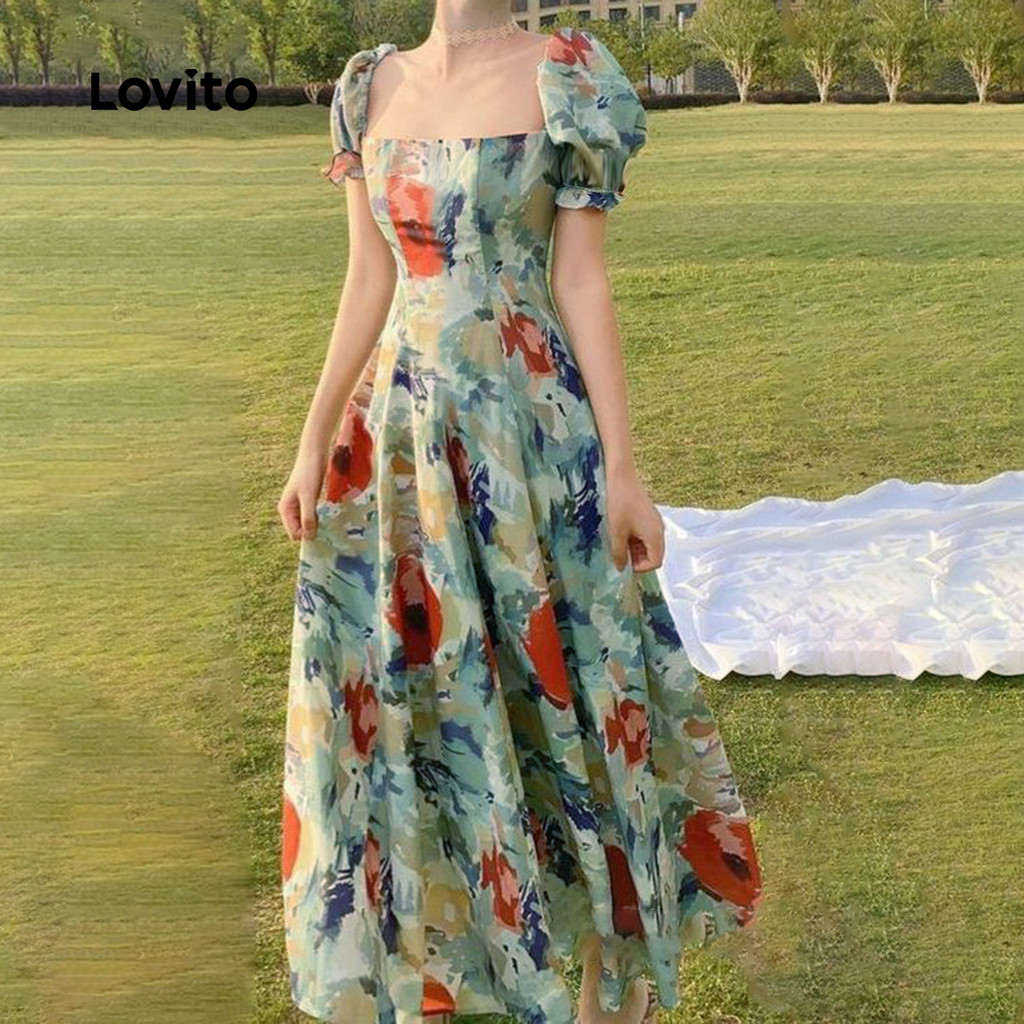 Detalhes do Lovito -  Vestido Casual com Estampa de Flores Amigável para a Pele e Confortável para Primavera/Verão L138ED468