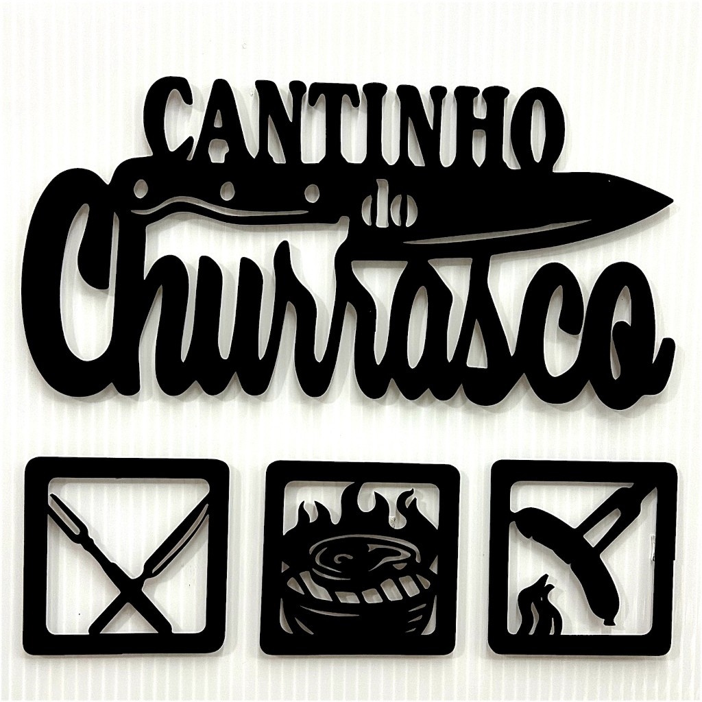 Kit Cantinho do Churrasco 4 Peças em Mdf Quadro Decorativo c/Dupla Face Decoração Parede