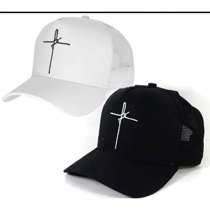 Presente 2 Boné Masculino Feminino Preto e Branco Trucker Fé Redinha Aba Curva Neymar Gabriel Jesus Barato Barato