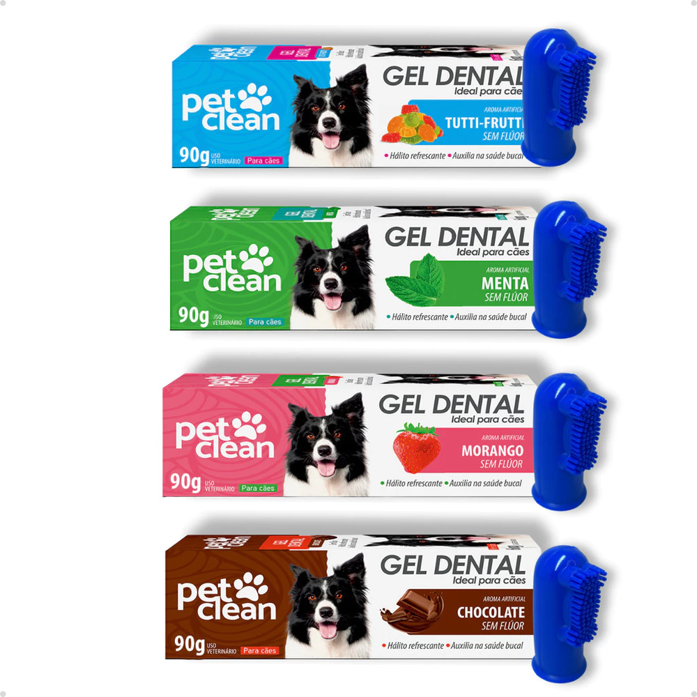 Kit Gel Dental Pasta de Dente Pet Clean + Escova De Dente Dedeira Cores Sortidas Cachorro e Gato