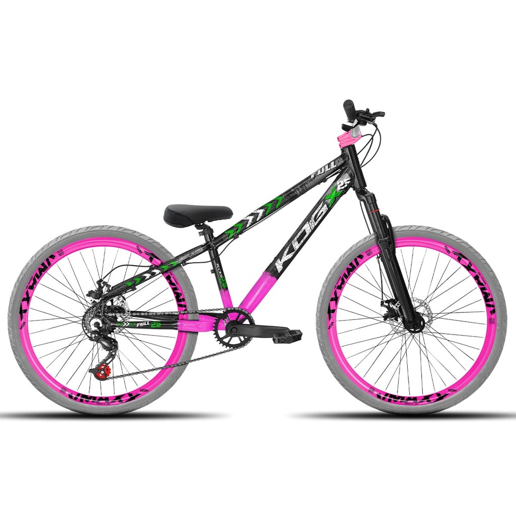 Bicicleta aro 26 KOG Freeride 1x7 Preto Rosa e Verde Vmaxx Rosa - Pneus Cinza - Mesa Curta Rosa - Guidão Prata