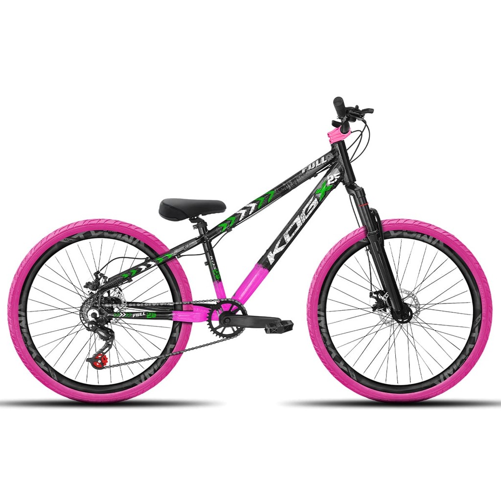 Bicicleta aro 26 KOG Freeride 1x7 Preto Rosa e Verde Vmaxx Preto Fosco - Pneus Rosa - Mesa Curta Rosa - Guidão Preto