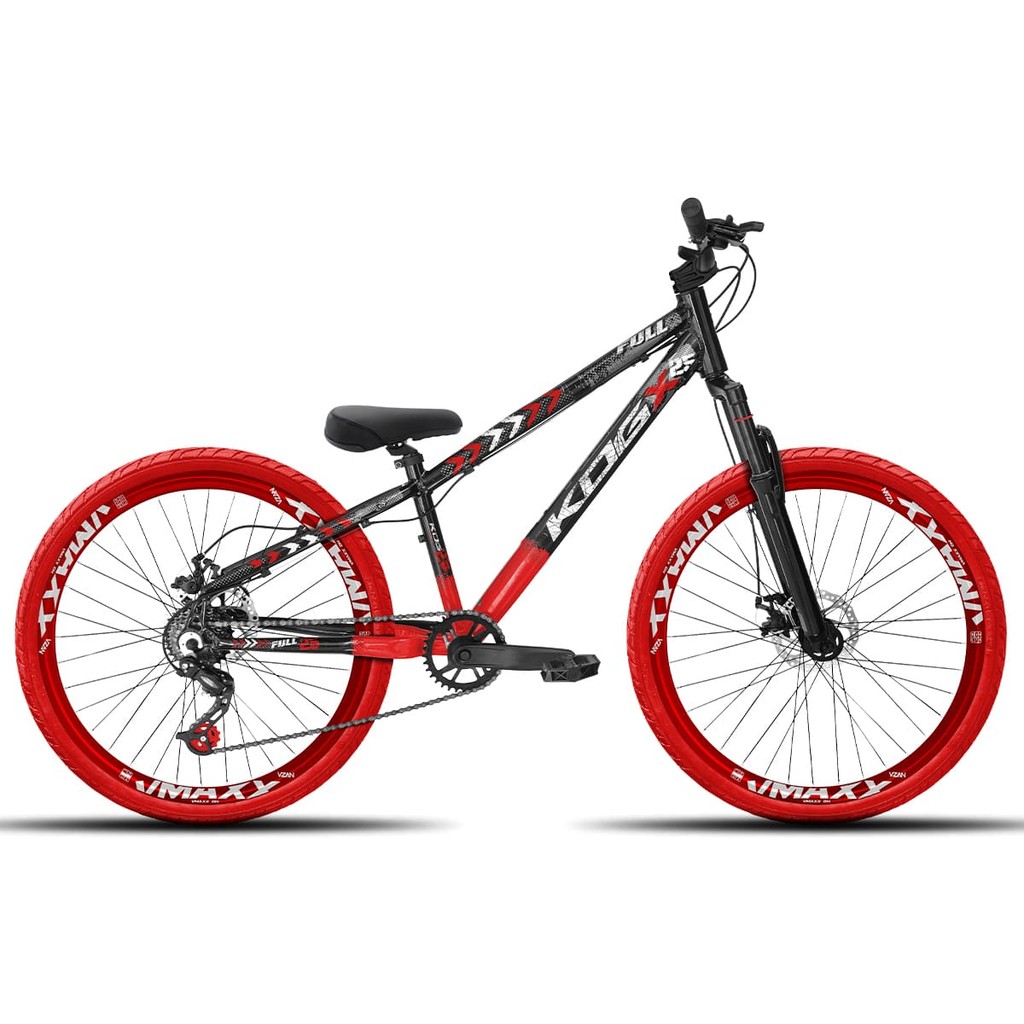 Bicicleta aro 26 KOG Freeride 1x7 Preto e Vermelho Vmaxx Vermelho - Pneus Vermelho - Mesa Curta Prata - Guidão Prata