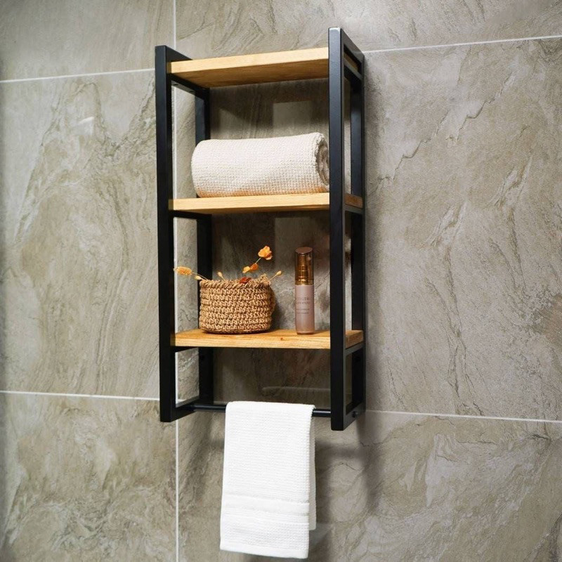 Prateleira de Parede Para Banheiro de Metalon com Pintura Eletrostática e MDF Amadeirado