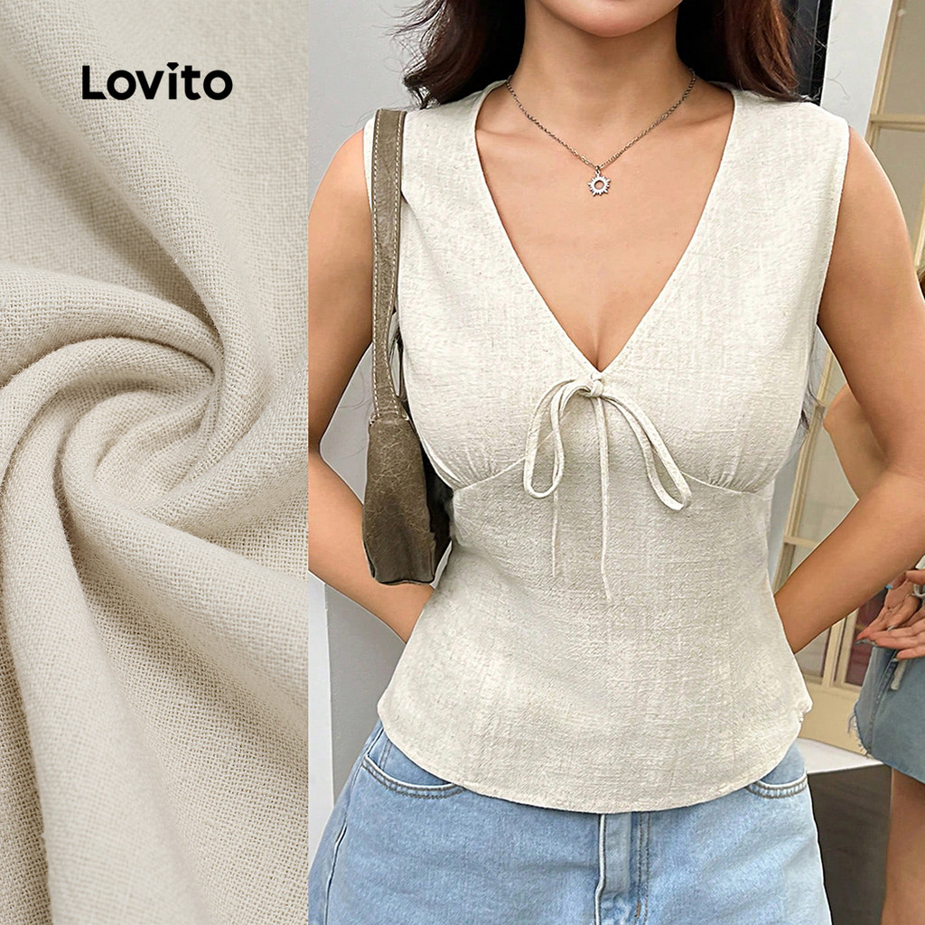 Lovito Blusa Elegante com Nó Na Frente e Linha Estruturada  Primavera/verão  Leve Caqui  para mulheres L137LD137 em Oferta na Shopee