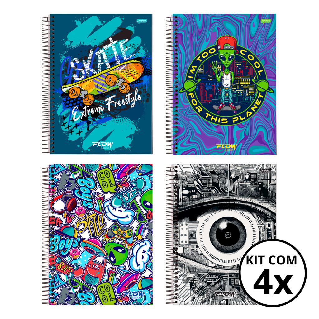 Kit 04 Cadernos Universitário 15 Matérias 240 Folhas Flow - Jandaia CAPA:Skate/Alien/Boys/Olho em Oferta na Shopee