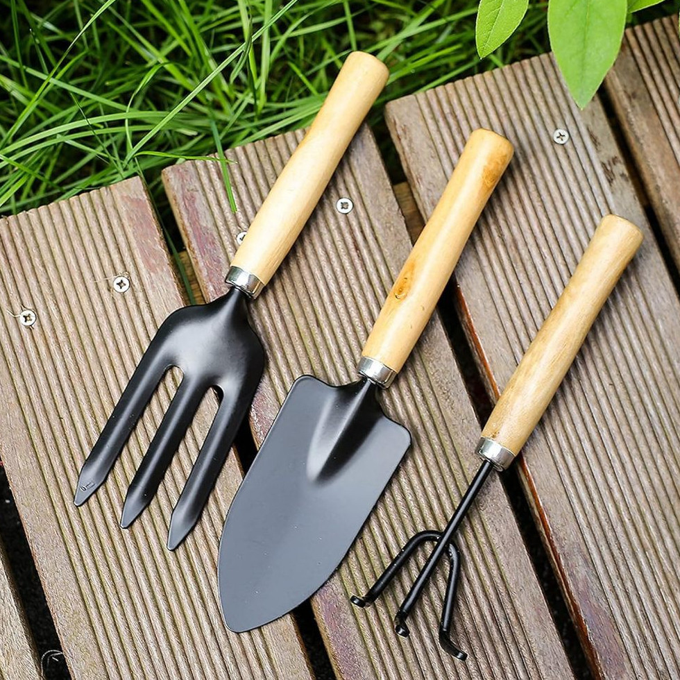 Jogo De Ferramentas Para Jardim Mini Kit 3 Peças Pá Larga Garfo Transplantador Plantar Vasos - Conjunto Horta Ergonômico
