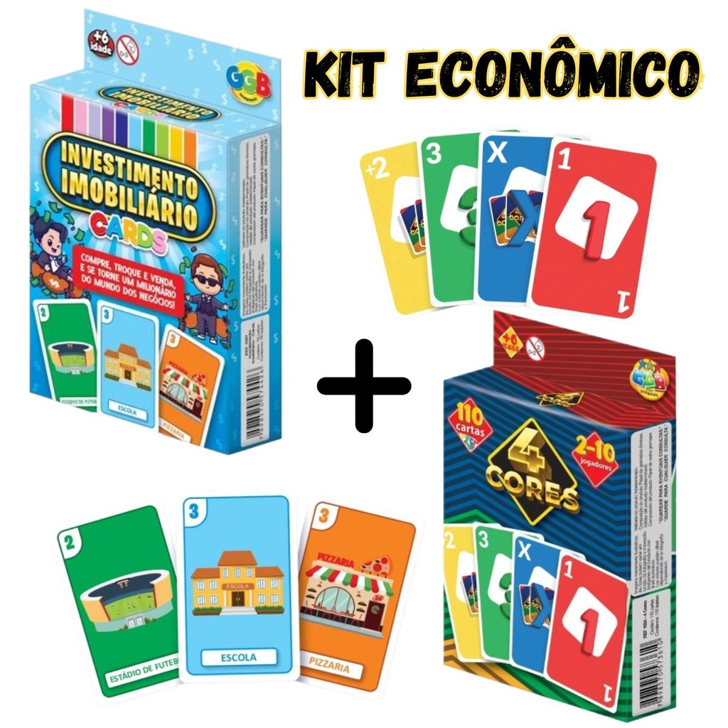 Kit jogo cartas classico banco imobiliario cards uno 4 cores numeros resistente educativo raciocinio