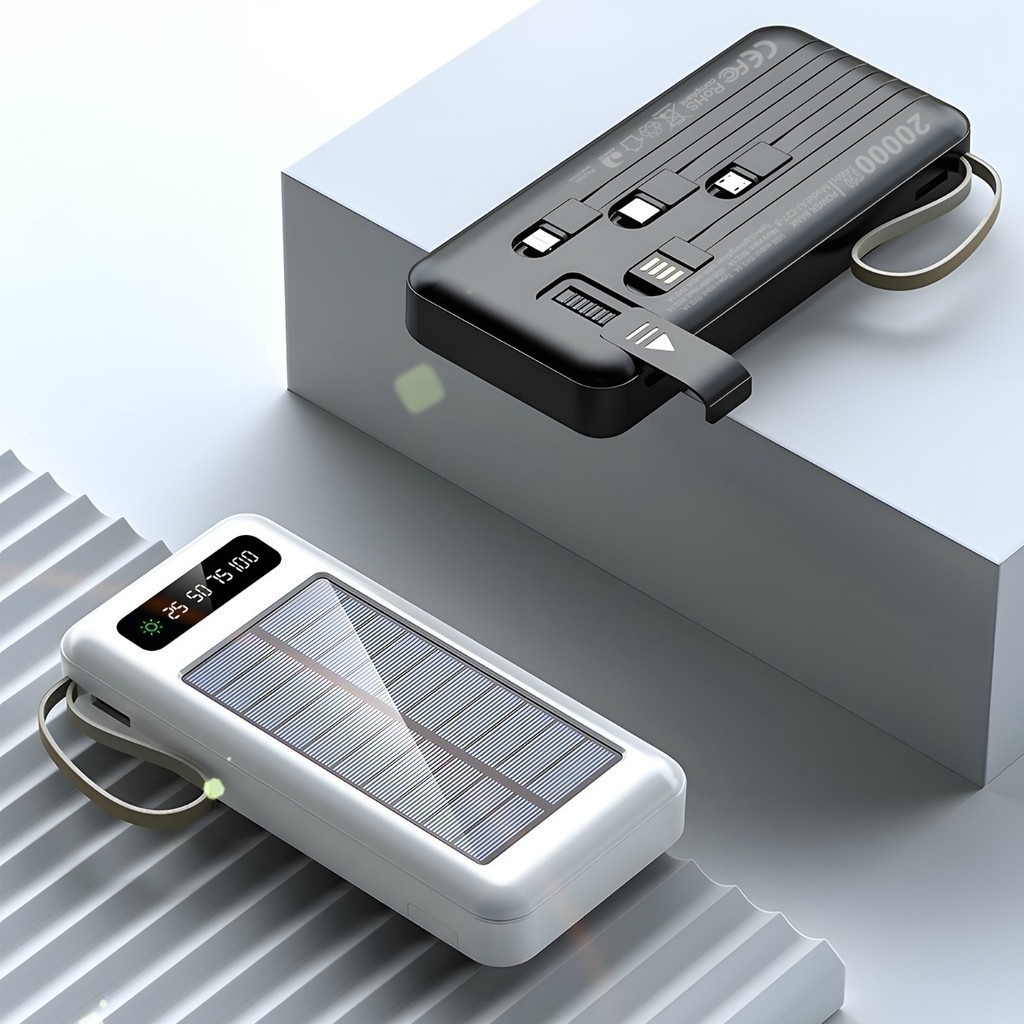 Carregador Portátil Solar 20000mAh Power Bank com Cabos Embutidos Display Digital USB Rápido