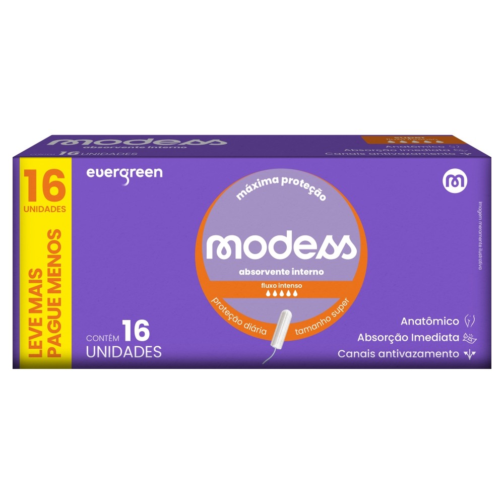 Absorvente Interno Modess Fluxo Intenso com 16un - Evergreen em Oferta na Shopee
