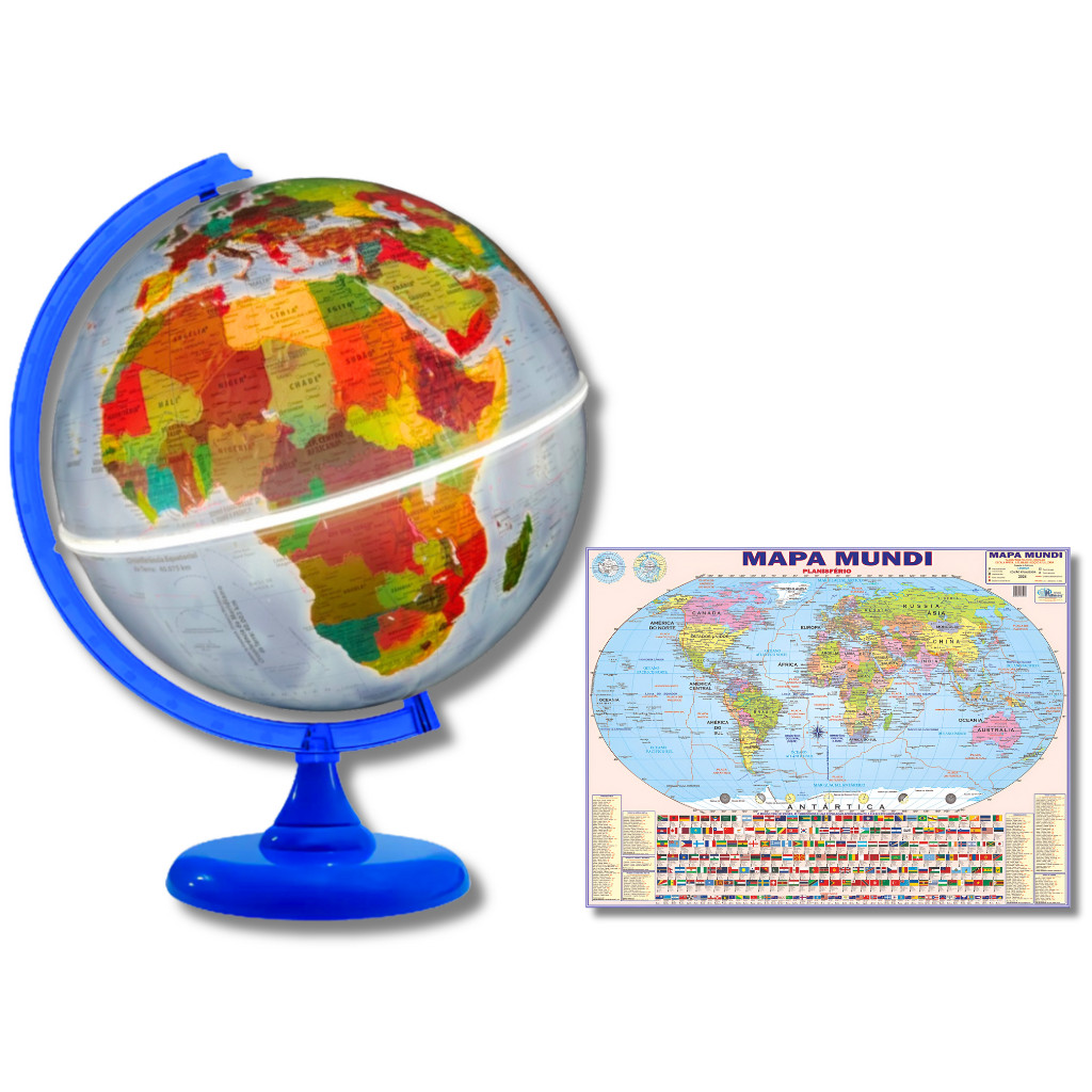 Globo Terrestre Físico Político Com Luz LED 30cm  + Mapa Mundi Gigante
