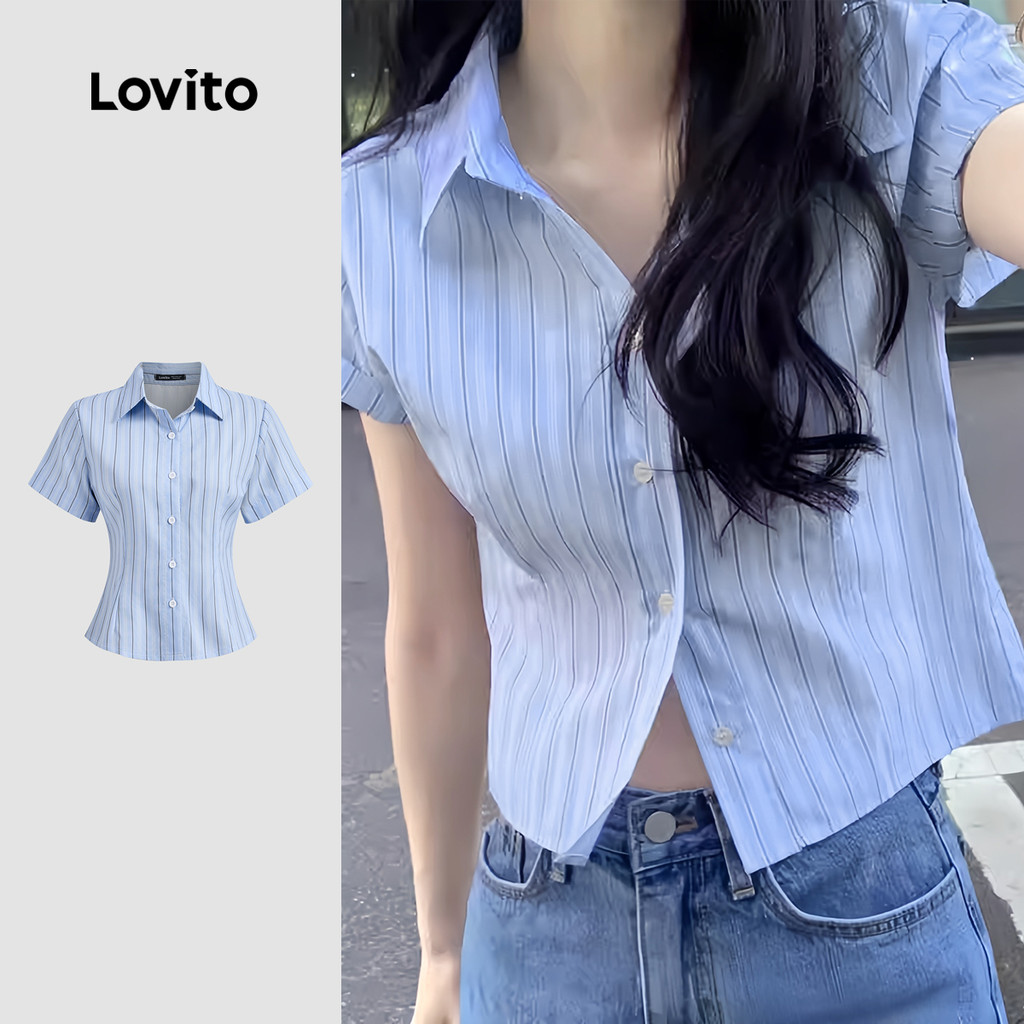 Lovito Blusa Casual Com Textura De Botão Blusa Azul Primavera/verão Para Mulhere
