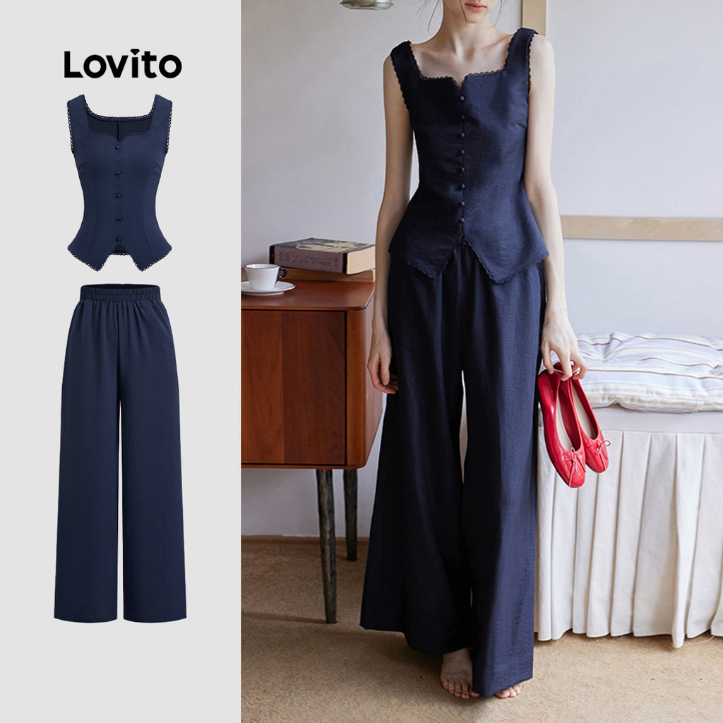 (New) Lovito Blusas ou Calças Casuais Clássicas e Versáteis Primavera/verão Calças Azul Escuro para Mulheres L143EDD493 em Oferta na Shopee