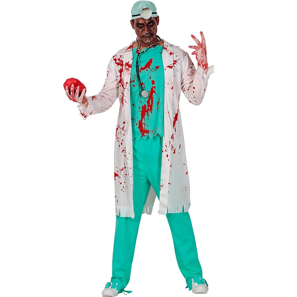 Fantasia Médico Zumbi de Halloween Adulta Masculina Assustadora Terror Jaleco Ensanguentado Camisa Calça