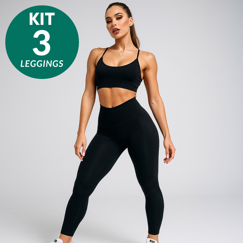 Calça Legging de Academia Kit 3 Tecido Grosso Cintura Alta Leg Fitness Levanta Bumbum Tecido Premium