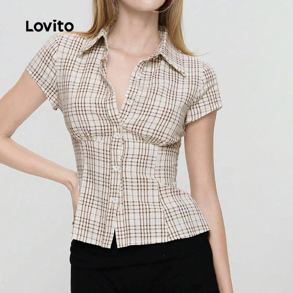 Detalhes do (New) Lovito Blusa Casual de Botões Linha de Estrutura de Blusa de Primavera/verão Marrom para mulheres L144AD020