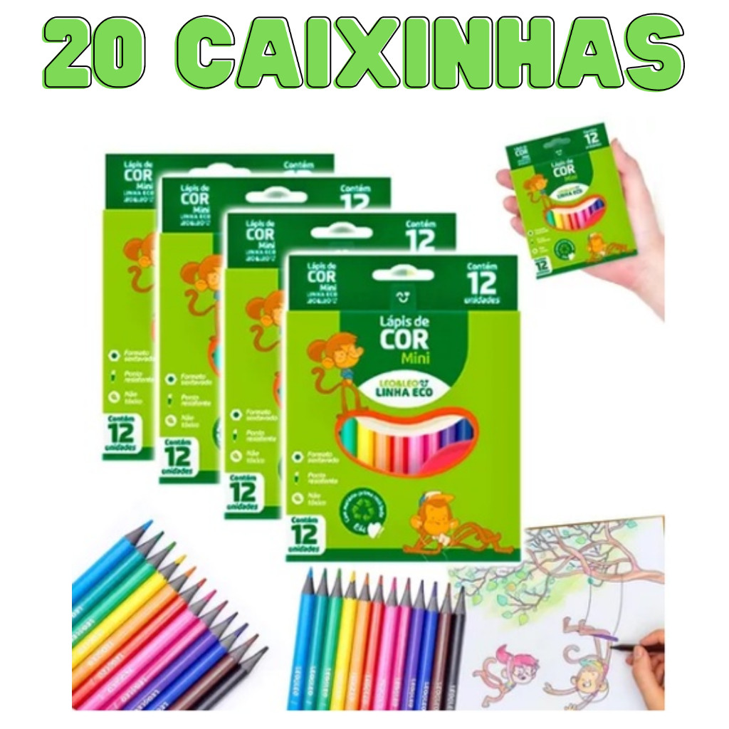 Kit 20 Caixa de Lápis de Cor Mini Caixa com 12 Cores Kit Festa Escolar Lembracinha Leo&Leo