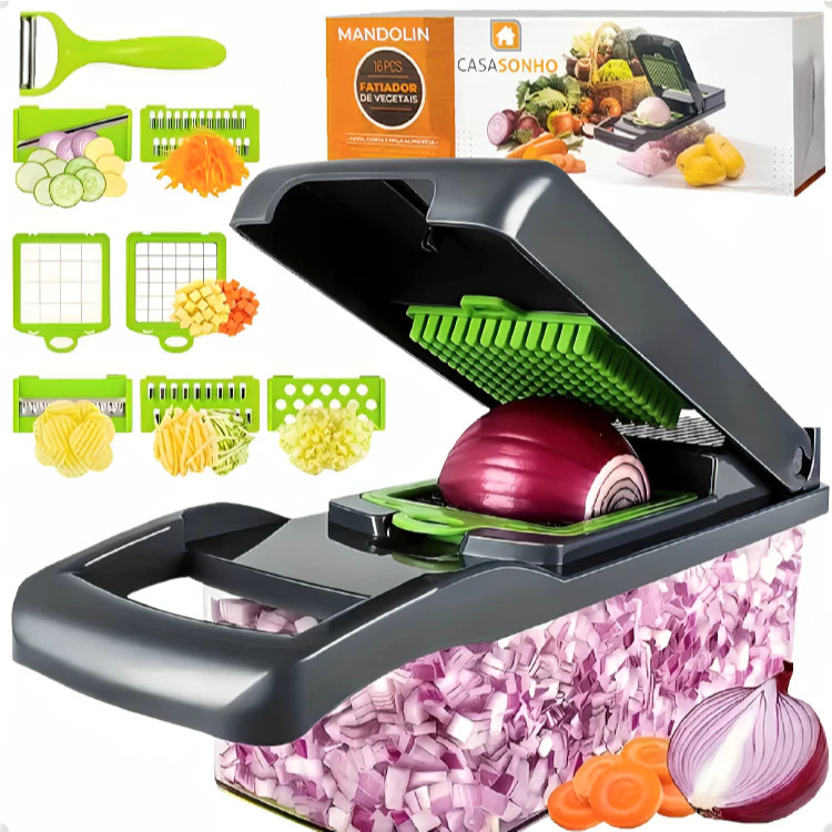 Fatiador Cortador Ralador De Legumes Profissional Multiuso Cozinha Slicer Aço Inox 14 em 1 Verduras Frutas Alimentos