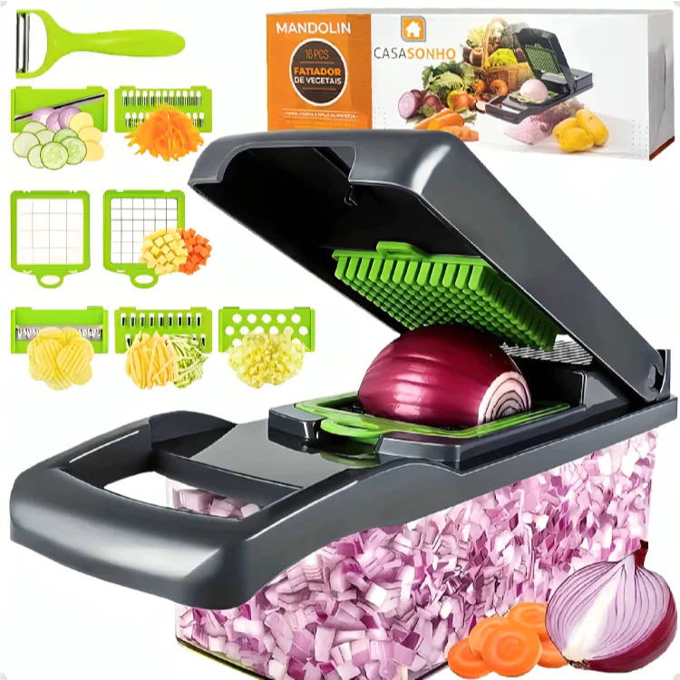 Fatiador Cortador Ralador De Legumes Profissional Multiuso Cozinha Slicer Aço Inox 14 em 1 Verduras Frutas Alimentos