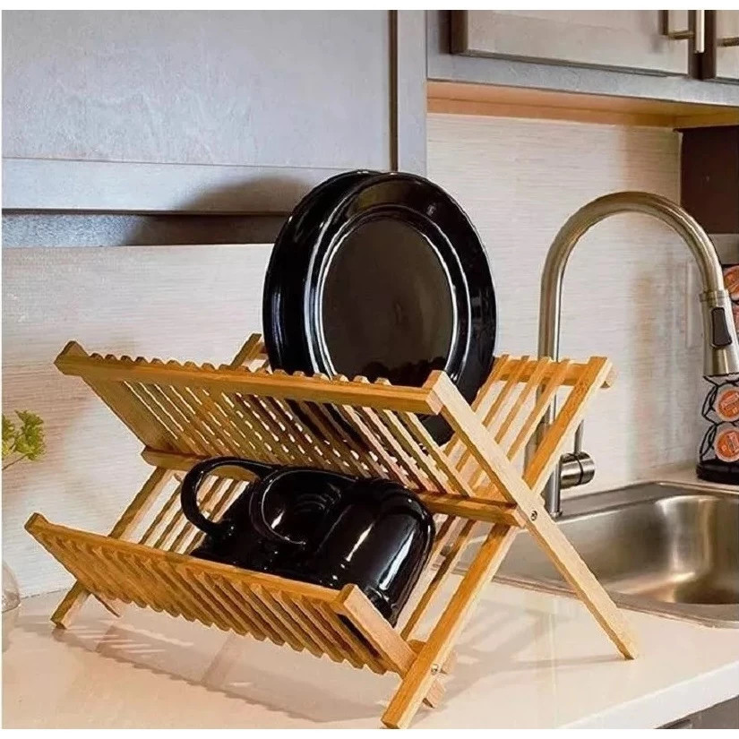 Escorredor Bambu Louça Prato Suporte Prateleira Talher Dobrável Tampa Cozinha Casa Colher Rack Copo