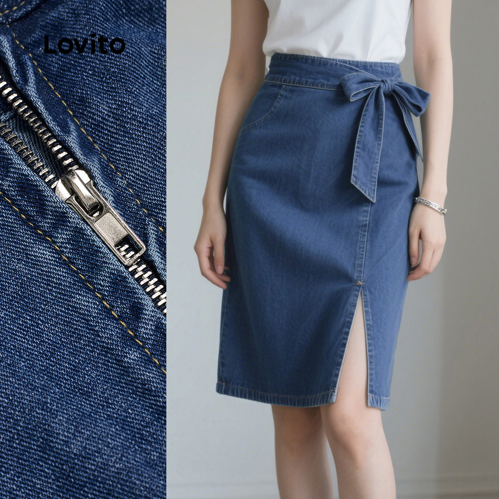 (New) Lovito Saia de Jeans Casual com Laço e Amarração Primavera/verão Saia Jeans Azul para Mulheres L150AD884 em Oferta na Shopee