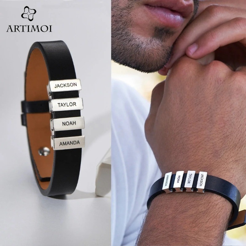 ARTIMOI Nomes Personalizados Homens Couro Ajustável Pulseira De Contas De Aço Inoxidável Presente De Dia Dos Pais em Oferta na Shopee