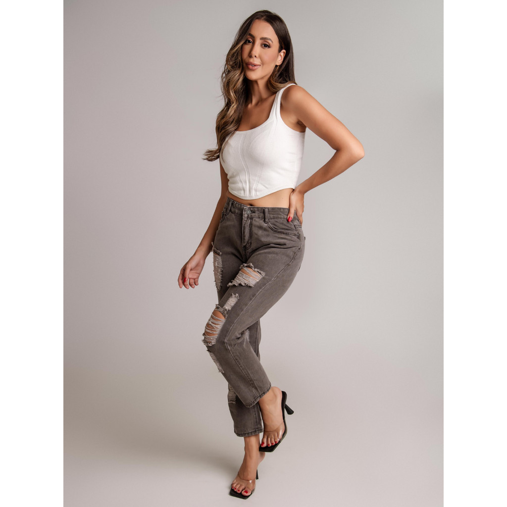 Calça Jeans Feminina Preta Rasgada Destroyed Básica