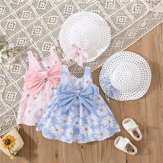Margarida Impressão Costas Grande Arco Vestido Infantil Verão 0-3 Anos Adorável Chapéu de Palha em Oferta na Shopee