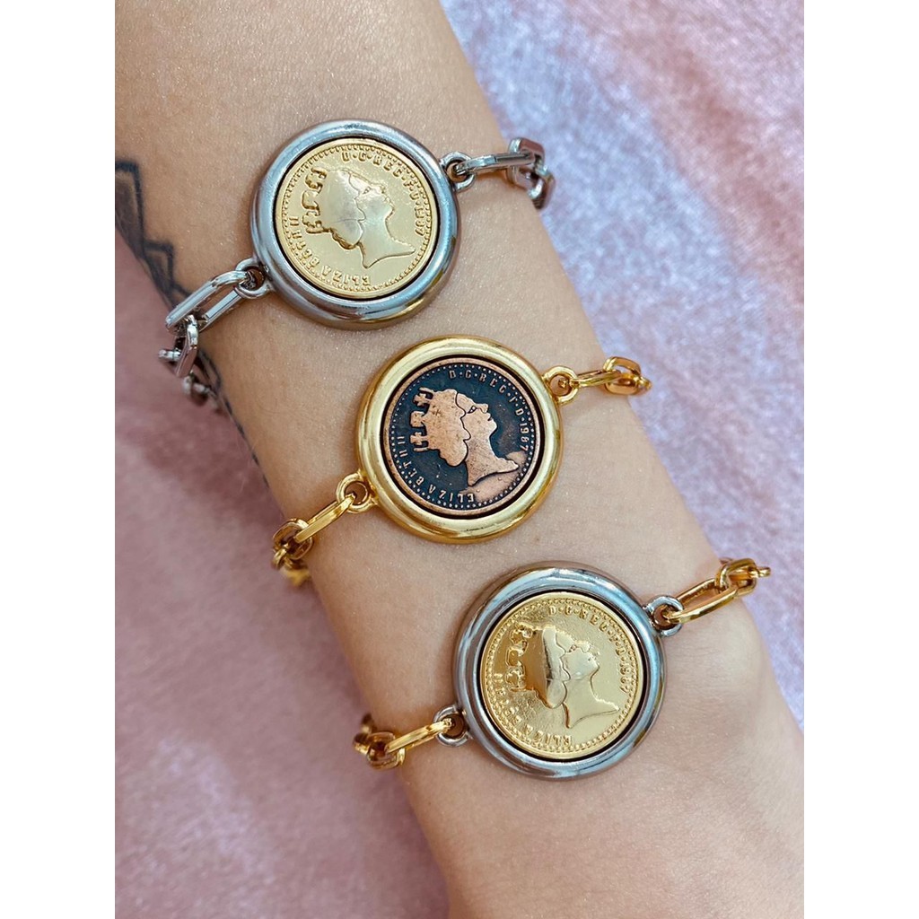 Pulseiras Braceletes Semi Joia Mix de banhos moeda Rainha