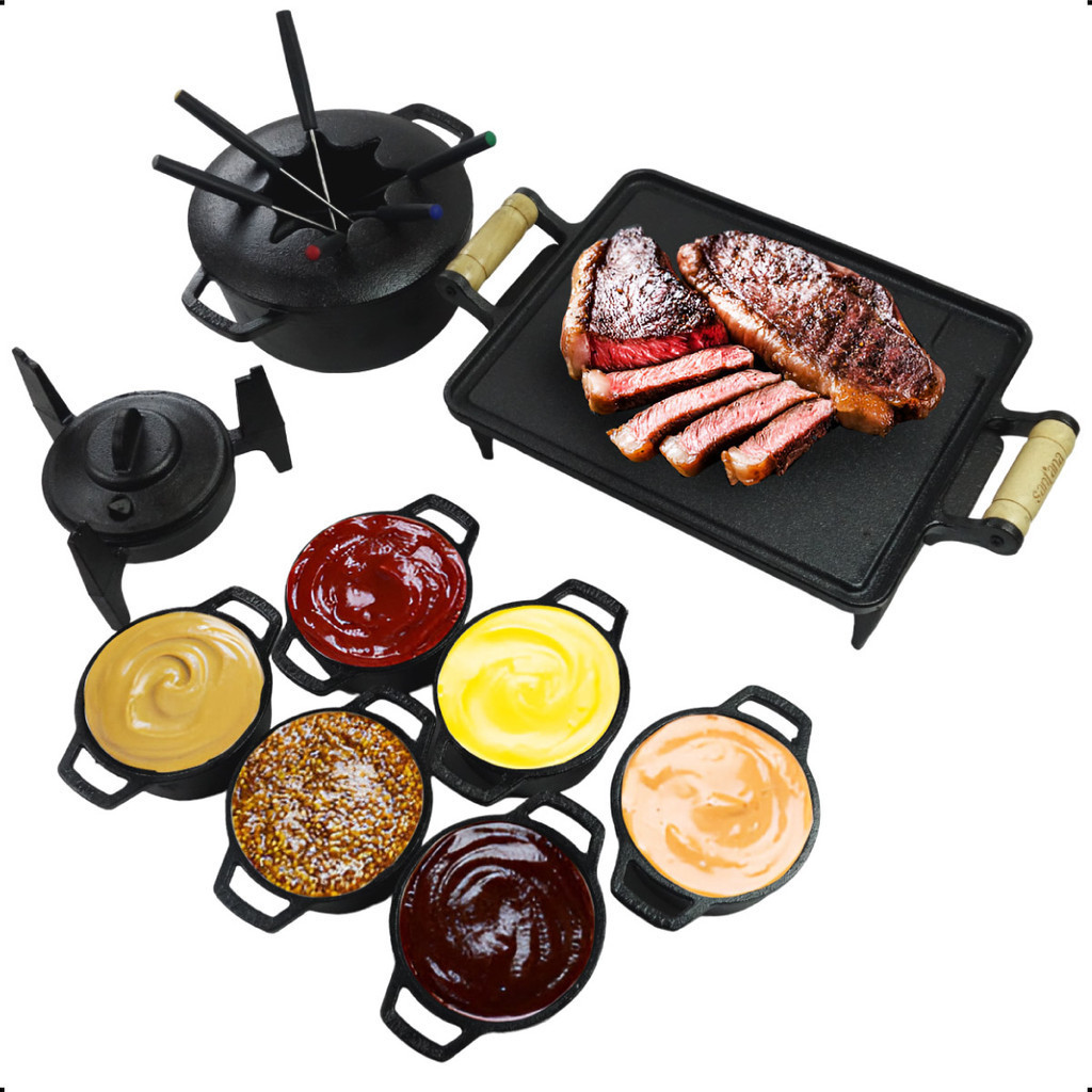 Kit Fondue 1,7 L Compelto + 6 Malgas + Rechaud 1 Chama Chapa Lisa De Ferro Fundido Santana