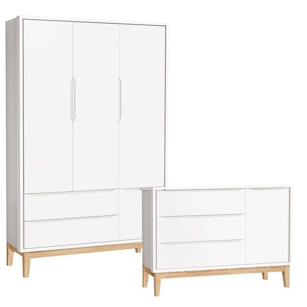 Cômoda Com Porta E Guarda Roupa Infantil 3 Portas New Classic Branco Com Pés Madeira Natural - Reller em Oferta na Shopee