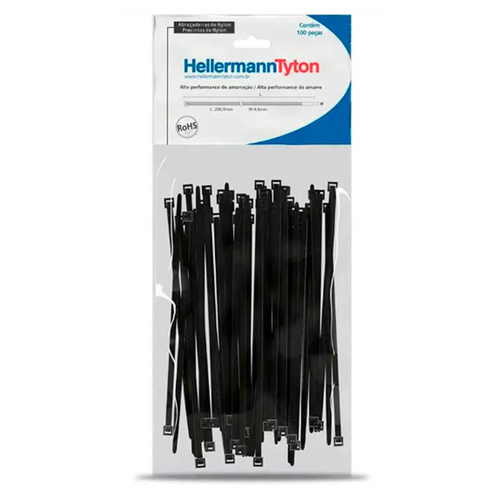 Pacote com 100 Abraçadeiras de Nylon Preta 200mm x 2.5mm T18L Hellermann 111-01006 em Oferta na Shopee