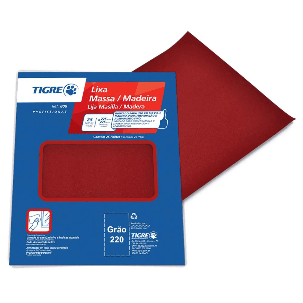 Lixa Massa / Madeira P220 Fina Vermelho Tigre